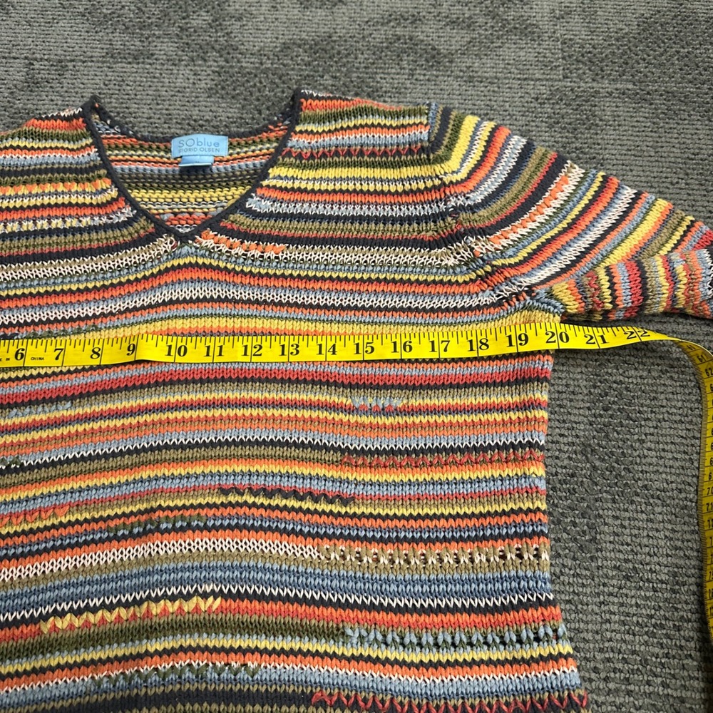 Sigrid Olsen SO Blue Multi Color Striped V-Neck Knit Sweater Womens Medium - Picture 7 of 8